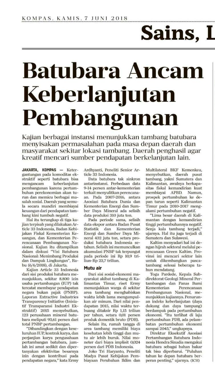 [KOMPAS] Batubara Ancam Keberlanjutan Pembangunan