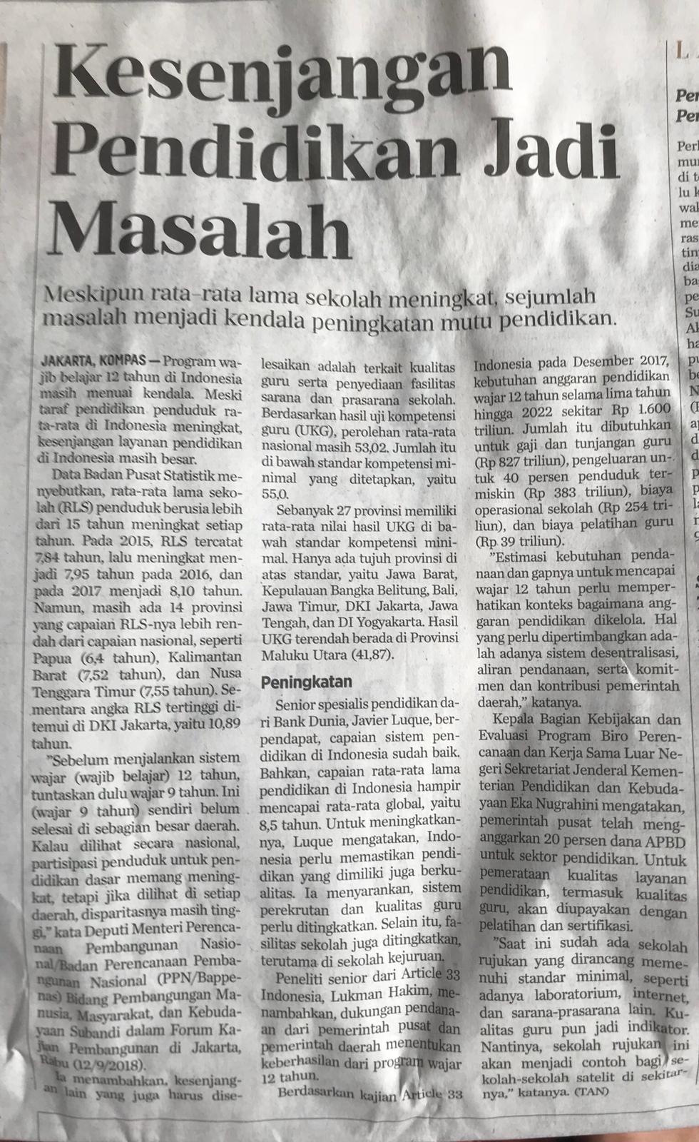 [KOMPAS] Kesenjangan Pendidikan Jadi Masalah