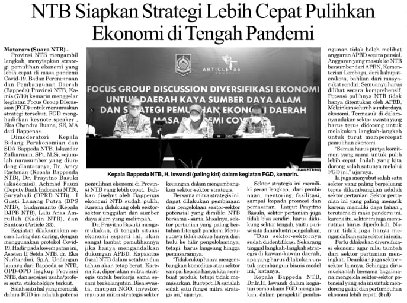 [Suara NTB] NTB Siapkan Strategi Lebih Cepat Pulihkan Ekonomi di Tengah Pandemi