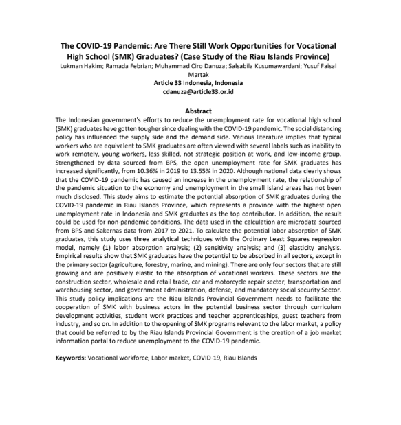 The COVID-19 Pandemic: Are There Still Work Opportunities for Vocational High School (SMK) Graduates? (Case Study of the Riau Islands Province)