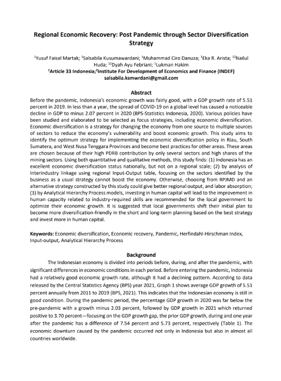 Regional Economic Recovery: Post Pandemic through Sector Diversification Strategy