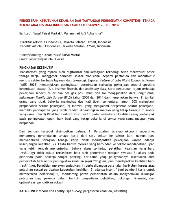 Pergeseran Kebutuhan Keahlian dan Tantangan Peningkatan Kompetensi Tenaga Kerja: Analisis Data Indonesia Family Life Survey 2000–2014