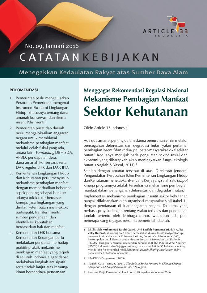 Catatan Kebijakan: Menggagas Rekomendasi Regulasi Nasional Mekanisme Pembagian Manfaat Sektor Kehutanan