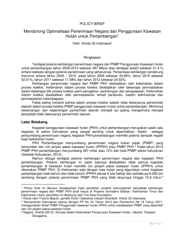 Catatan Kebijakan: Mendorong Optimalisasi Penerimaan Negara dari Penggunaan Kawasan Hutan untuk Pertambangan